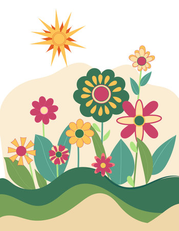 Groovy flowers illustration poster, retro modern abstract flat vector styleのイラスト素材