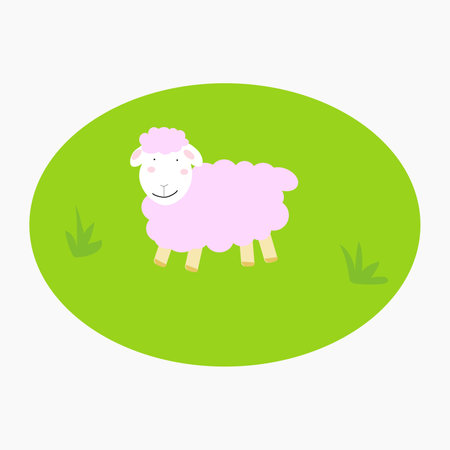 Lamb cartoon pink on the green grass, cartoon, flat designのイラスト素材