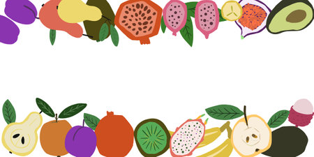 Background with fresh fruits, apple, lychee, kiwi, pomegranate, pear, banana, avocado, plum. For poster, advertising, flat designのイラスト素材