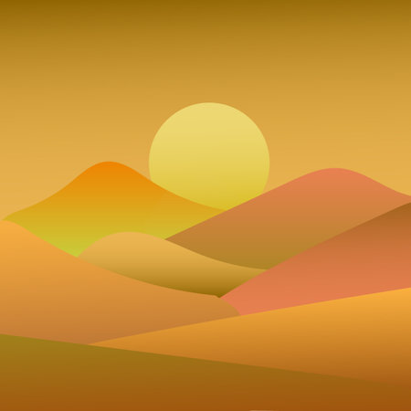 bold minimalist landscape illustration, geometric hills and sun, warm earthy colors, vector style, abstract and simple, poster aesthetic, flat design with texture grain, trendy color blockingのイラスト素材