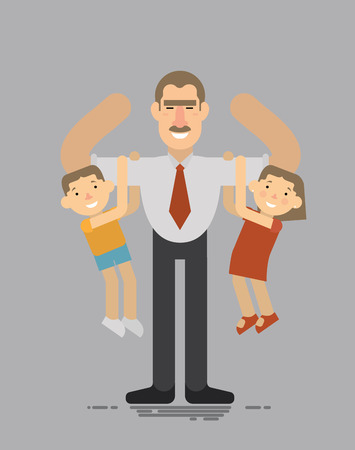 Fathers day, A father holding his son and daughter, the best father, a good father amuses your children flat styleのイラスト素材