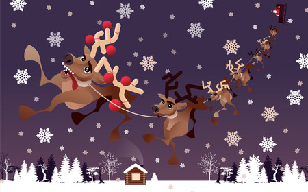 Santa Claus carries gifts to children on Christmas sleigh with reindeerのイラスト素材