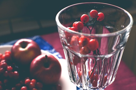 viburnum in a glass and apples, retro backgroundの写真素材