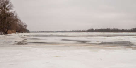 winter landscape in Ukraine over river Dniproの写真素材