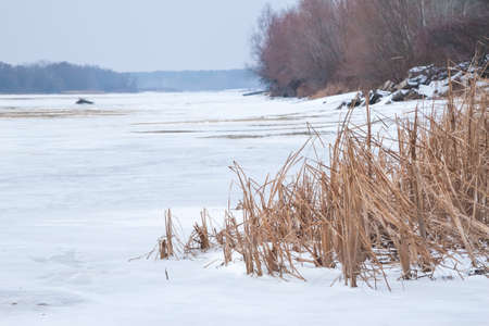 winter landscape in Ukraine over river Dniproの写真素材