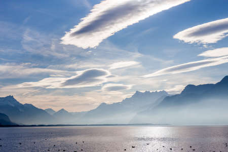View on Alps from shore of Geneva Lake at Veveyの写真素材