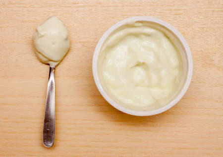 green pistachio yogurt on table view from aboveの写真素材