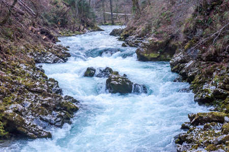 The famous Vintgar gorge Canyon with wooden patsの写真素材