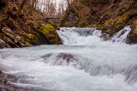 The famous Vintgar gorge Canyon with wooden pats
