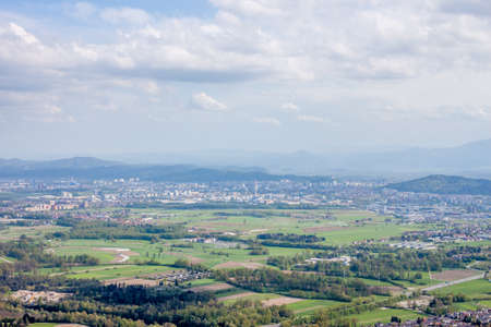 View of the village in mountain valley backgroundの写真素材