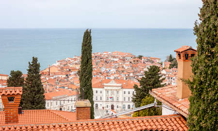 red roofs of Slovenia town Piran on sea backgroundの写真素材