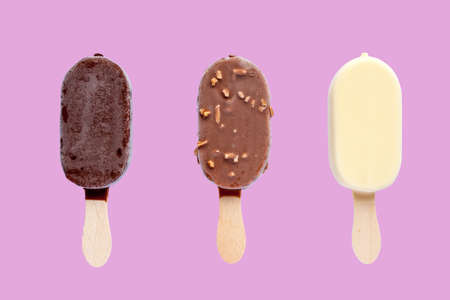 set of three isolated ice creams on pink backgroundの写真素材
