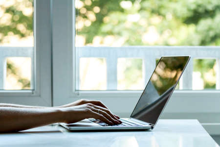 laptop computer female hands typingの写真素材