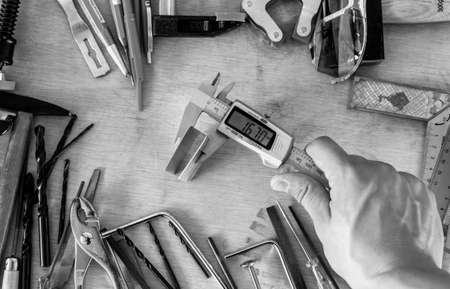 black and white many different tools in messの写真素材