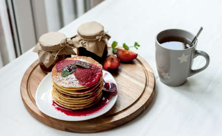 pancakes with jam breakfastの写真素材