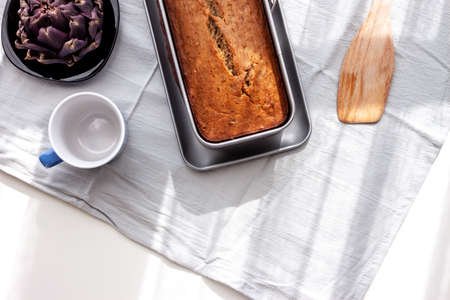 homemade bana bread closeup details in baking dish selective focusの写真素材