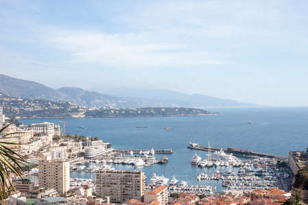 Monaco cityscape panoramic view from the hill to the seaの写真素材