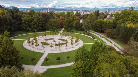 early autumn city park top drone aerial view