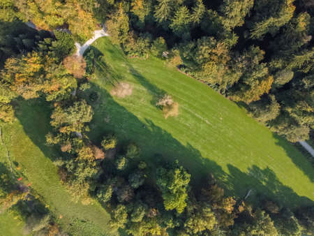 autumn beautiful park with trees aerial top drone view Arboretum Sloveniaの写真素材