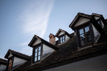 Ljubljana old town attic windows and chimneyの写真素材