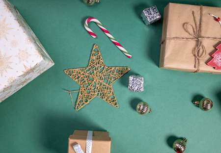 flat lay with christmas gifts and festive decorationの写真素材