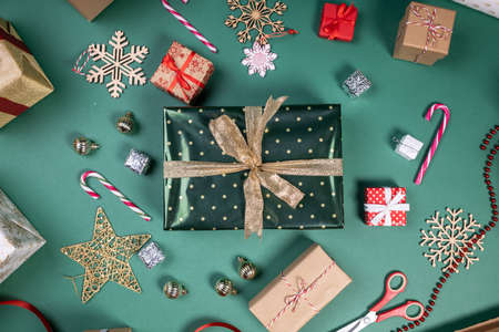 flat lay with christmas gifts and festive decoration