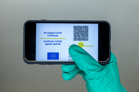 EU digital covid green pass certificate on mobile phoneの写真素材