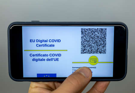 EU digital covid green pass certificate on mobile phoneの写真素材