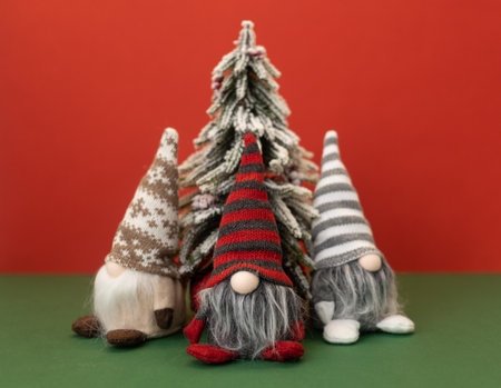 christmas tree and three gnomes gonk on red backgroundの写真素材