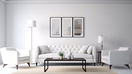 stylish living room interior with frames on the wall, generative AIの素材