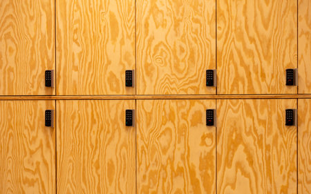 set of wooden lockers for personal itemsの写真素材