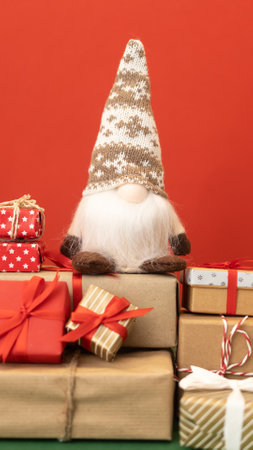 christmas gnome gonk on the craft wrapped giftsの写真素材