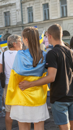 LJUBLJANA, SLOVENIA - August 24, 2022: Ukraine independence day meeting. People with flags and national symbolsのeditorial素材