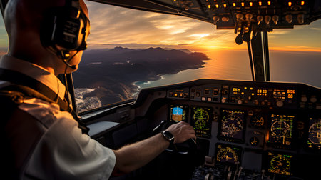first person view airplane landing view from cockpit, generative ai. High quality photoの素材