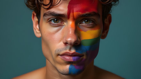 close up man portrait with lgbt rainbow painted on the face, generative aiの素材