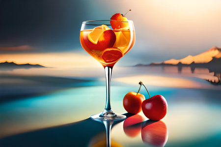 Cocktails with ice cubes, orange and cherry. Colorful 3D illustration. Ai Generatedの素材
