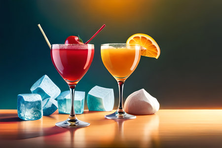 Cocktails with ice cubes, orange and cherry. Colorful 3D illustration. Ai Generatedの素材