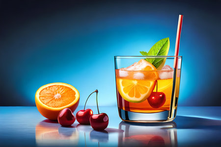 Cocktails with ice cubes, orange and cherry. Colorful 3D illustration. Ai Generatedの素材