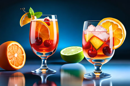 Cocktails with ice cubes, orange and cherry. Colorful 3D illustration. Ai Generatedの素材