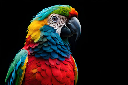 Ai Generated. Colorful parrot isolated on black backgroundの素材