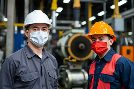 Engineer teamwork worker wearing disposable face maskの写真素材