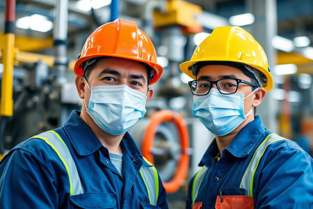Engineer teamwork worker wearing disposable face maskの写真素材