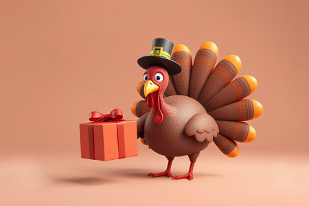 Thanksgiving turkey bird wearing a Pilgrim hat and holding different thingsの写真素材