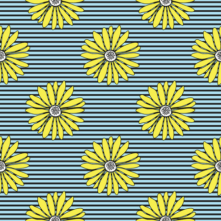 Cute summery hand drawn yellow daisies on a striped background.Perfect for scrap booking ,textile and home decor projects. Surface pattern design.のイラスト素材