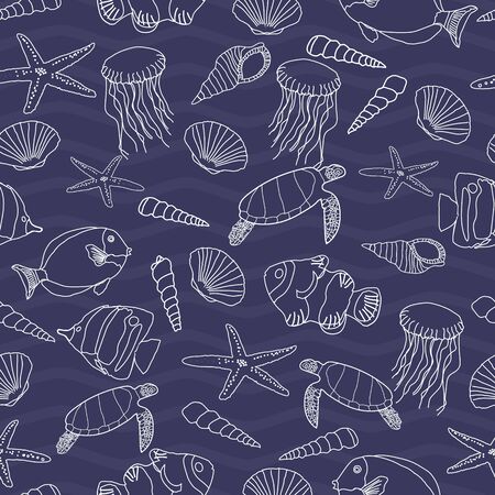 Cute hand drawn sea life seamless pattern background.のイラスト素材