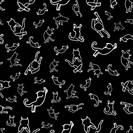 Cute hand drawn white cats silhouettes on a black background.のイラスト素材