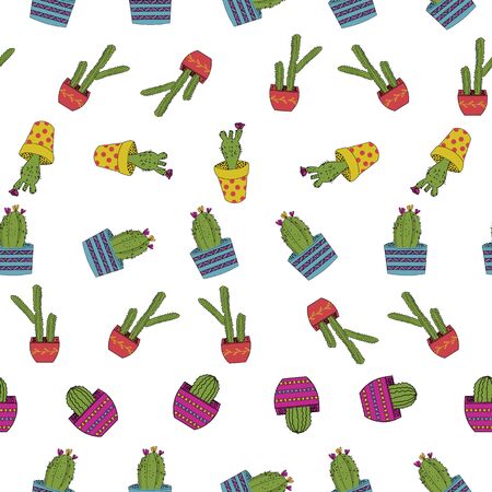Cute hand drawn cacti seamless vector pattern background.のイラスト素材