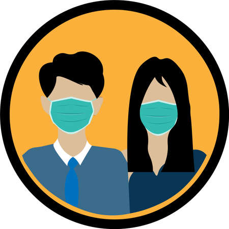 wear face mask sign and symbol. Safety sign during coronavirus. Wear surgical mask sign vector in yellow background. Wear face mask notice.のイラスト素材