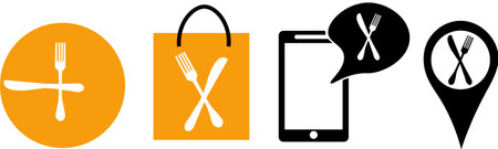 food order set. Order food by phone icon. Take away icon.  the food location icon. time to eat icon. Vector of order food set. the drawingのイラスト素材