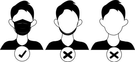 Wear face covering. How to wear mask in black and white color with no text. Wear mask sign and symbolのイラスト素材